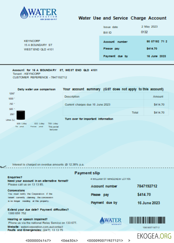 Facture commerciale de service public de Water Corporation WA, SCR